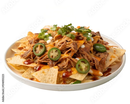 BBQ pulled pork nachos full plate white background photo