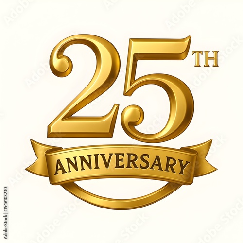 Golden 25th anniversary ribbon design, a stylish emblem for celebrating a quarter-century milestone, perfect for invitations featuring elegant vintage-inspired design