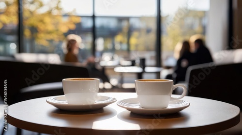 Common settings of cafe interior with a pair of coffee cups on a small table