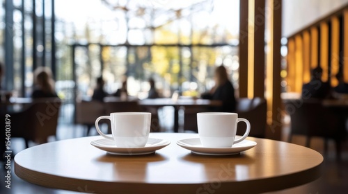 Common settings of cafe interior with a pair of coffee cups on a small table