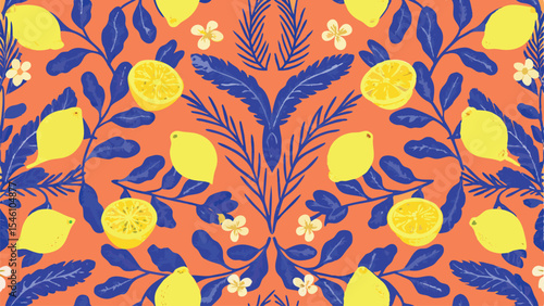 A vibrant pattern of lemons and blue leaves on an orange background creating a lively and fresh design look