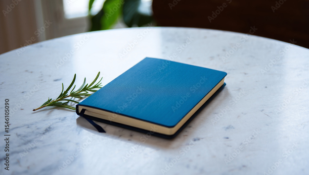 Fototapeta premium Blue Leather Notebook on Marble Table with Rosemary Sprig