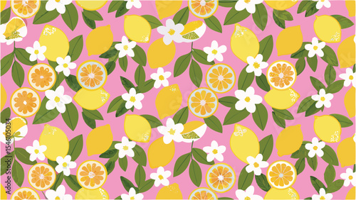 A seamless pattern featuring lemons, lemon slices, leaves and white flowers on a pink background design art