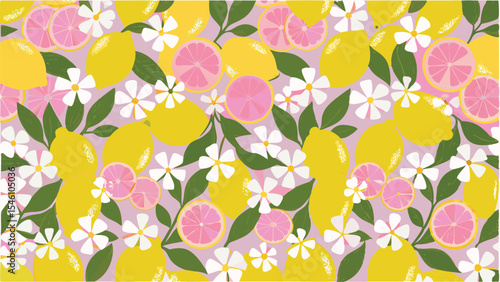 Illustration featuring a pattern of lemons, pink grapefruit slices, leaves and white flowers on a light background