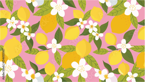 Seamless pattern featuring lemons with leaves and white flowers on a pink background, creating a vibrant design