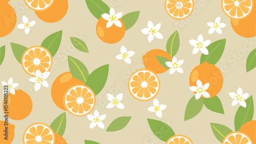 Seamless pattern featuring oranges, orange slices, leaves, and white flowers on a light background design