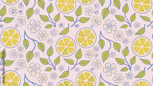Seamless pattern background featuring lemon slices, white flowers and green leaves on a light pink backdrop