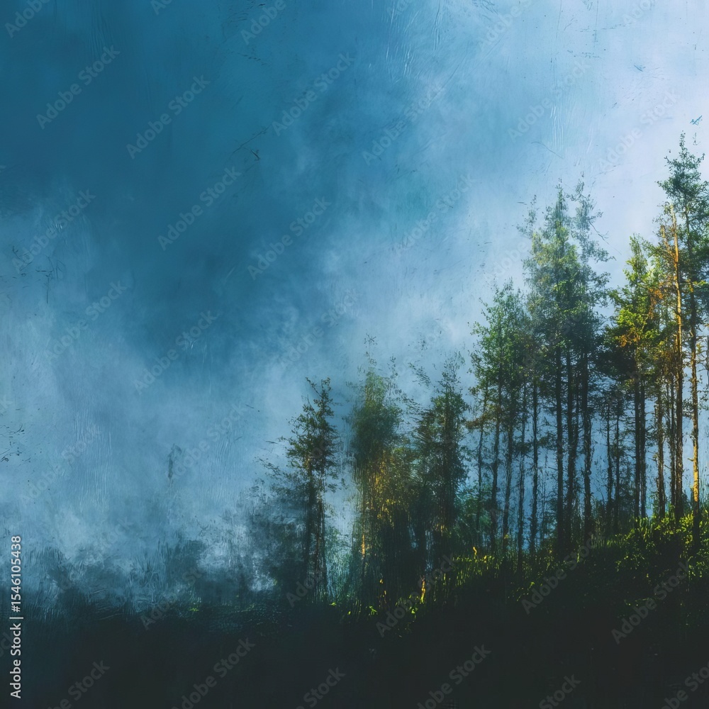 Abstract Representation Serene Forest Landscape with Fog and Tall Evergreen Trees Abstract Representation Serene Forest Landscape with Fog and Tall Evergreen Trees