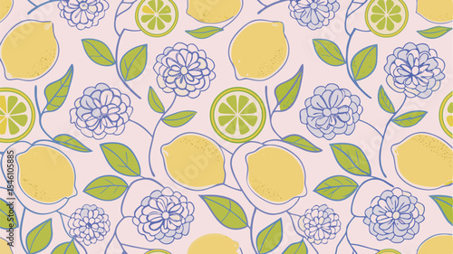A seamless pattern featuring lemons lemon slices flowers and leaves on a light background repeats nicely