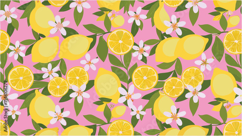 Seamless pattern with lemons, flowers, and green leaves on a pink background, repeated and vibrant design