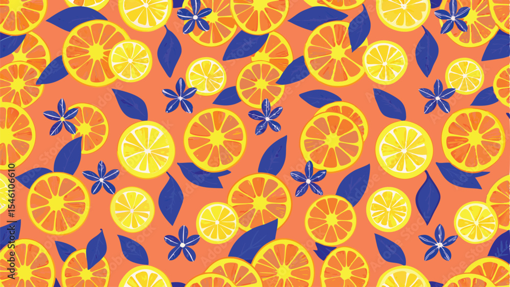 A seamless pattern of sliced lemons oranges blue leaves and small blue flowers on a peach colored background A seamless pattern of sliced lemons oranges blue leaves and small blue flowers on a peach colored background