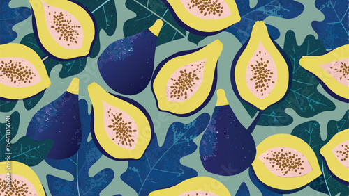 A pattern of figs and fig slices with yellow and pink flesh on a background of blue leaves design