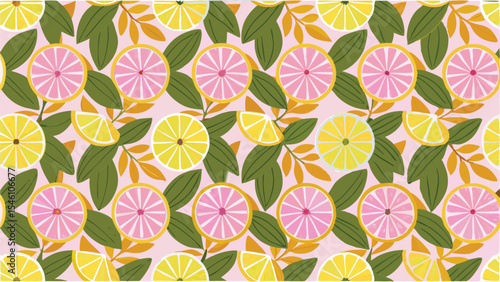 A seamless pattern featuring sliced lemons and pink grapefruit with leafy green and gold branches repeat 99 chara