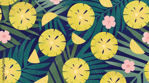 Illustration of pineapple slices and pink flowers among green leaves on a dark blue background design