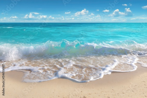 Vibrant turquoise ocean waves gently lapping a pristine, sandy beach under a bright, sunny sky with scattered clouds