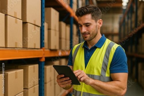A digital tablet is used by a handsome warehouse worker to check , with cardboard boxes stacked on the shelves