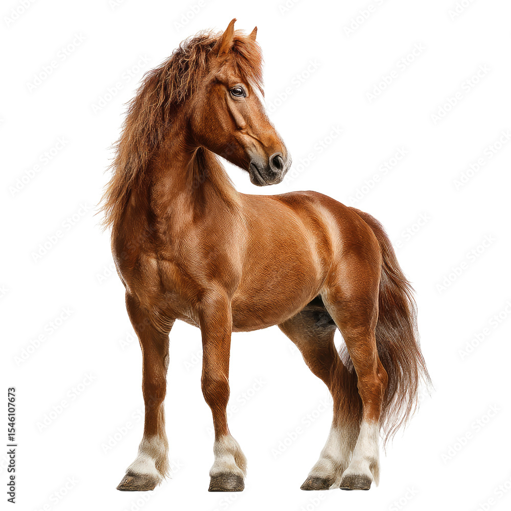 Naklejka premium Majestic Brown Pony Standing Gracefully Against White Background with Flowing Mane and Alert Expression