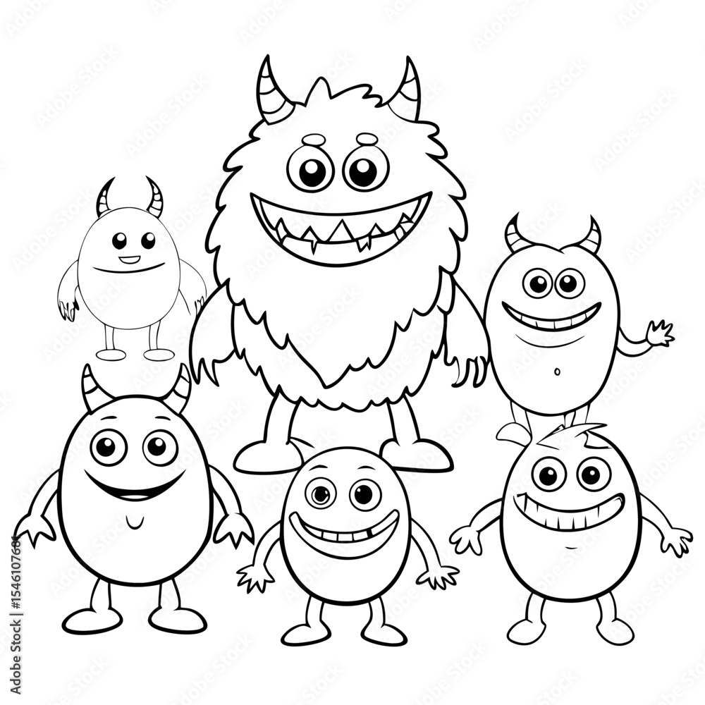 Fototapeta premium Monster friends coloring page with 6 silly and adorable monsters with fun expressions