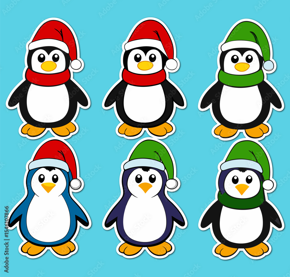 Fototapeta premium Cartoon Penguins Wearing Hats and Scarves on a Light Blue Background