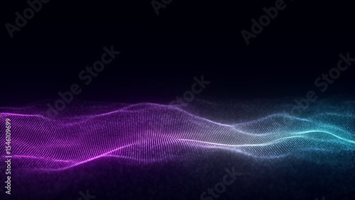 Dynamic blue wave of particles and lines. Abstract futuristic background. Big data visualization. 3D rendering.