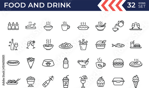 Outline Food and Drink vector icon set. Line Art Vector Illustration