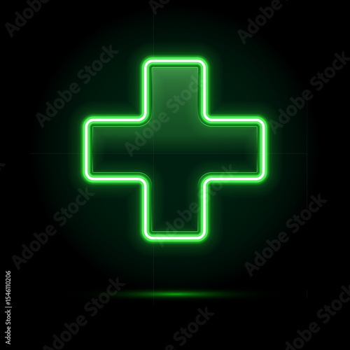 Green neon medical cross sign. Glowing pharmacy or healthcare symbol on dark background. Bright illuminated plus icon for clinic, hospital, or drugstore. 3D realistic vector illustration.