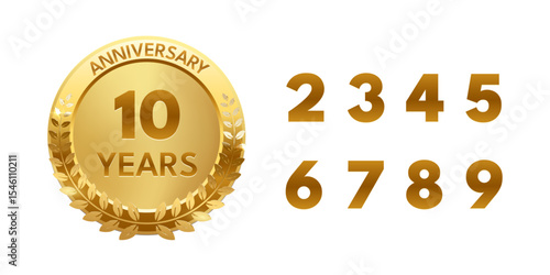 Golden anniversary medal with laurel wreath and 10 Years text. Includes bold gold numbers 2 to 9 for customizing milestone years. Celebration badge. Abstract vector illustration.