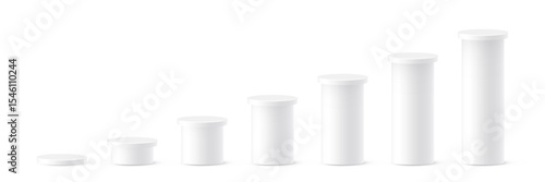 White cylindrical podiums in ascending height. Minimalist 3D columns for ranking, data visualization, infographics, or product display. Realistic vector illustration.