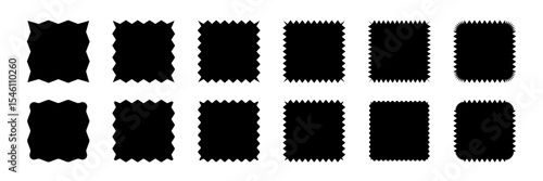Black stickers set. Badge, seal silhouettes. Set of square shapes with zigzag, wavy, and starburst edges. Blank labels for stamps, awards, logos. Graphic vector illustration.