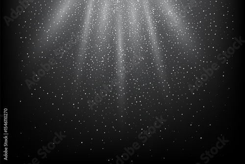 Silver glitter light background. Shiny white sparkles falling with glowing rays on dark backdrop. Festive abstract scene for celebration, luxury design, or holiday decoration. Vector illustration.