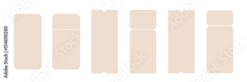 Cinema tickets. Paper voucher, coupons set. Theater, train, movie, raffle, carnival blank tickets with text space. Concert, event, festival layouts. Realistic vector illustration.