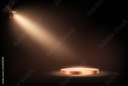 Black stage background with glowing bronze podium under white spotlight. Dramatic lighting and smoky atmosphere for product presentation, award ceremony. Abstract vector illustration.