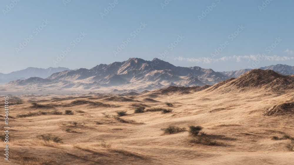 Fototapeta premium Majestic Desert Landscape under a Clear Blue Sky with Distant Mountains