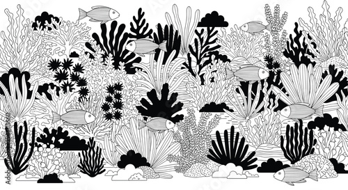 A Diverse Black and White Garden Landscape with Various Plant Species and Textures
