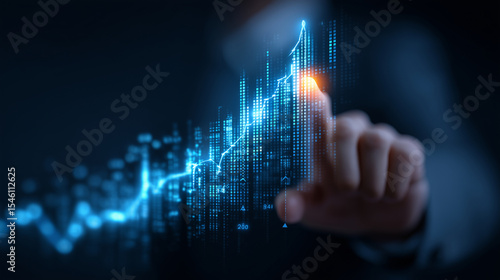 investment banker managing AI-powered portfolio, floating financial graphs, profit increase indicators, glowing holographic charts, blue neon aesthetics, copy space