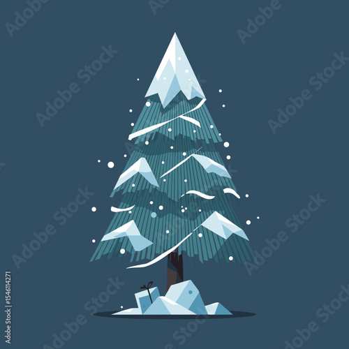 Stylized winter tree with snow and mountains on dark blue background  