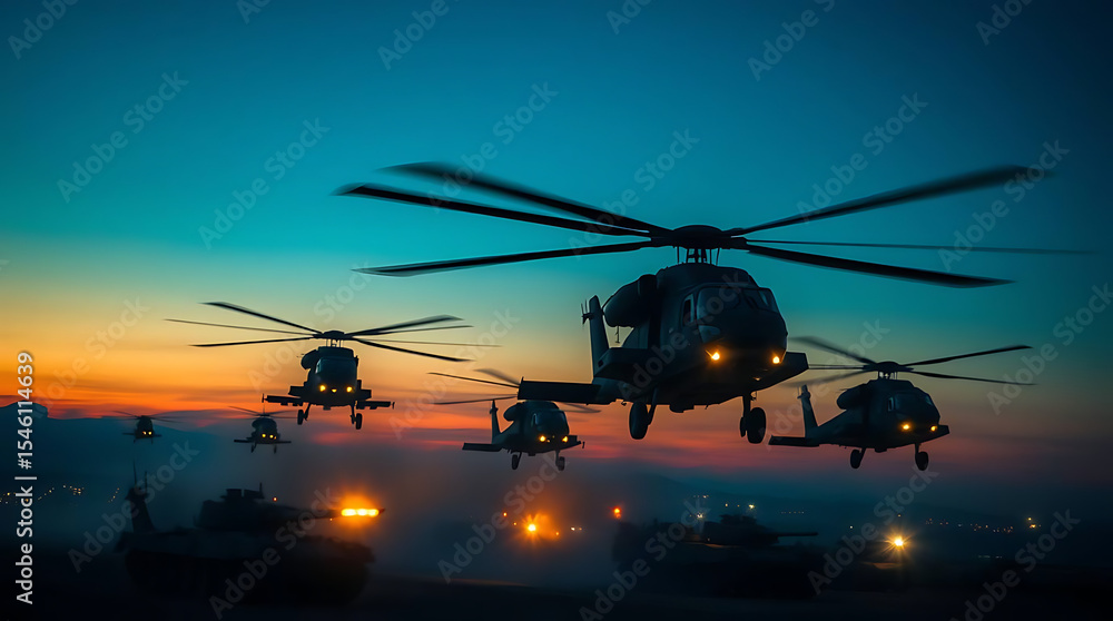 Several military helicopters fly above tanks on a battlefield at dusk for national defense Several military helicopters fly above tanks on a battlefield at dusk for national defense