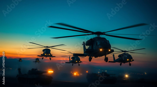 Wallpaper Mural Several military helicopters fly above tanks on a battlefield at dusk for national defense Torontodigital.ca