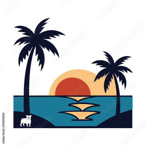 Wallpaper Mural Ocean horizon view framed by palm trees and bulldog Vector illustration Torontodigital.ca