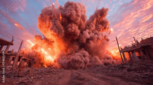 Une scène de chaos pendant une guerre dans une rue d'une ville avec des explosions