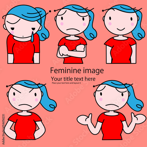 可愛い女性のちびキャラ喜怒哀楽の表情