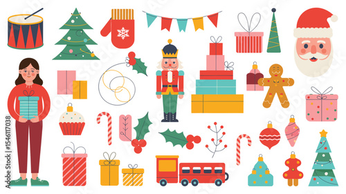 Christmas decorative banner with Santa Claus, nutcracker, locomotive, girls, gingerbread and gift boxes in vintage style