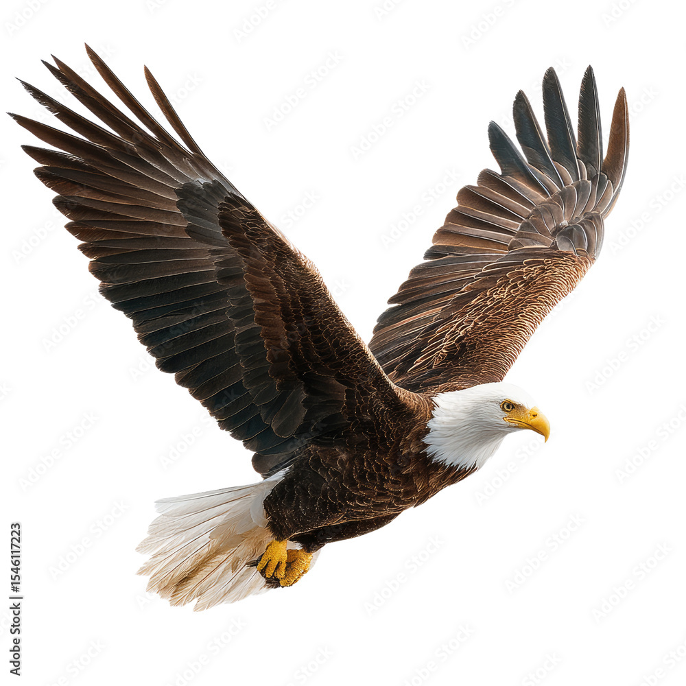 Obraz premium Majestic Bald Eagle in Flight with Outstretched Wings Against Blue Sky Background