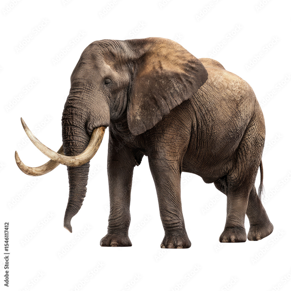 Obraz premium Majestic African Elephant Standing Proudly with Tusks and Textured Skin Against a Clean Background
