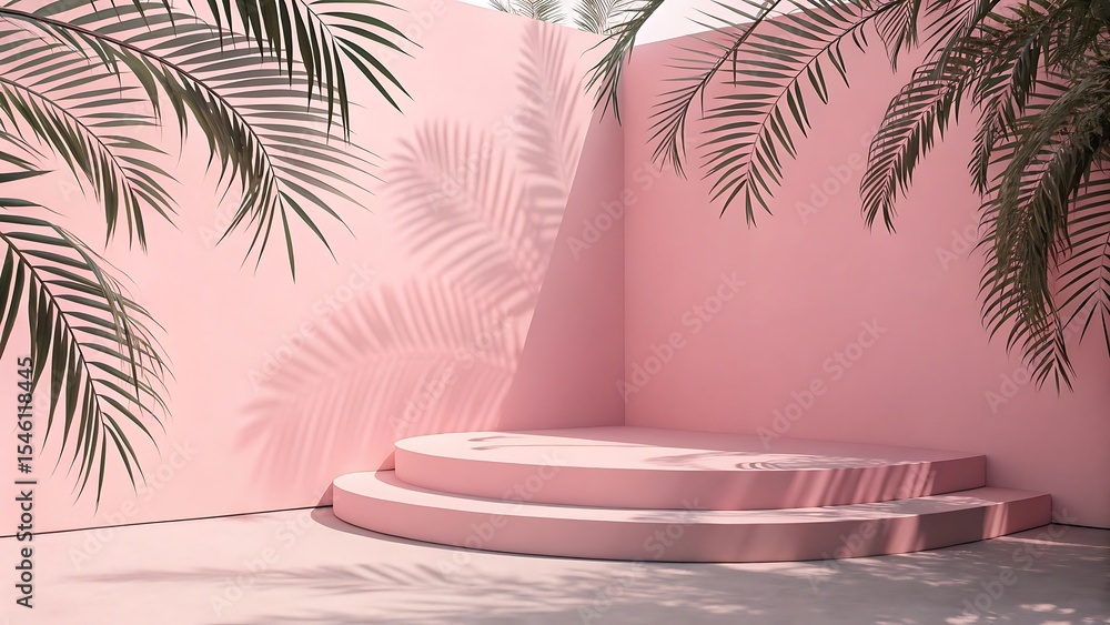 Obraz premium Pink product display podium with palm leaf shadows backdrop