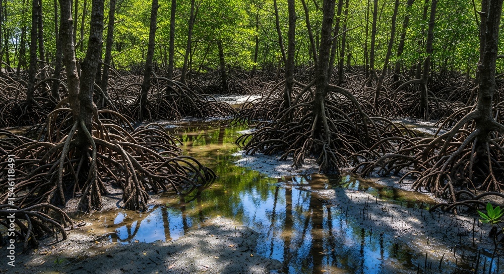 Obraz premium Mangrove Forest Roots and Tidal Pools at Low Tide