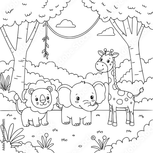 Whimsical cartoon outlines of children playing with birds and animals in a garden, perfect for a fun coloring book
