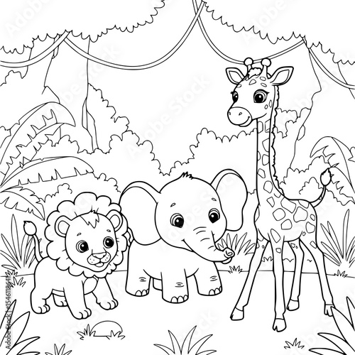 Whimsical cartoon animals in a forest, perfect for a children's coloring book illustration