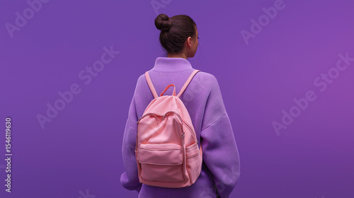 A person stands facing away, with a pink backpack against a vibrant purple background. The scene evokes a sense of anticipation, the woman looks at a journey forward.