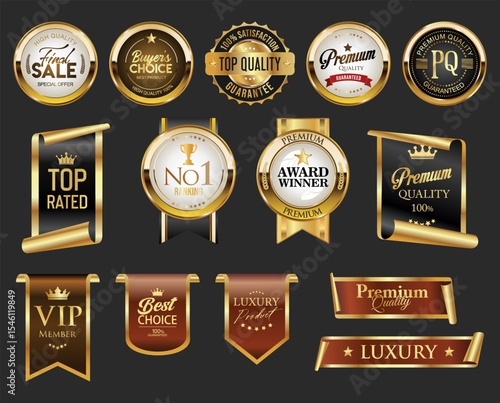 Golden luxury award labels and badges gold premium quality certificate ribbons vector illustration